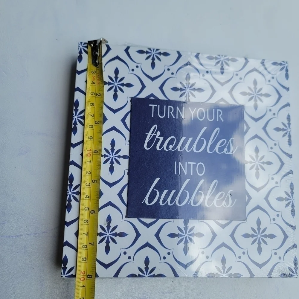 Turn your TROUBLES into BUBBLES wall decor sign Navy Blue White 8 x 8
